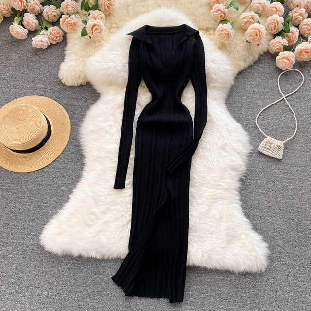 Elastic Knitted Long Sleeves Midi Dress