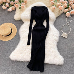 Elastic Knitted Long Sleeves Midi Dress
