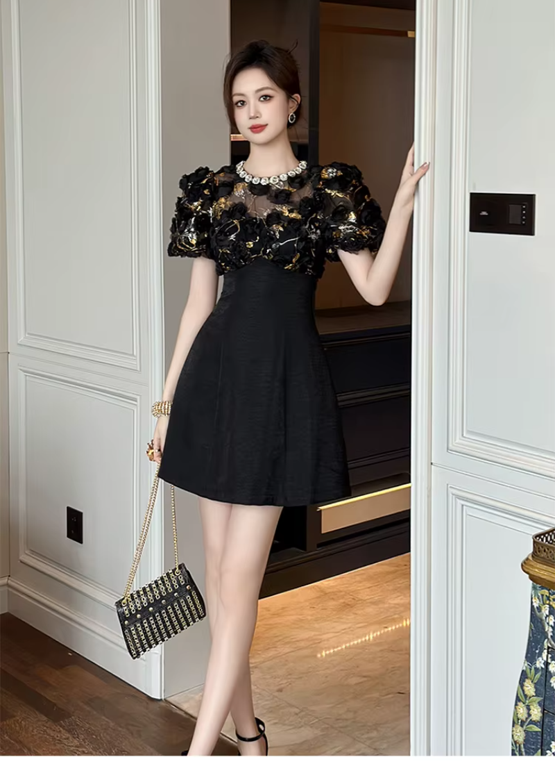 Elegant Luxury Floral Sheer O-Neck A-Line Short Gown Evening Dress