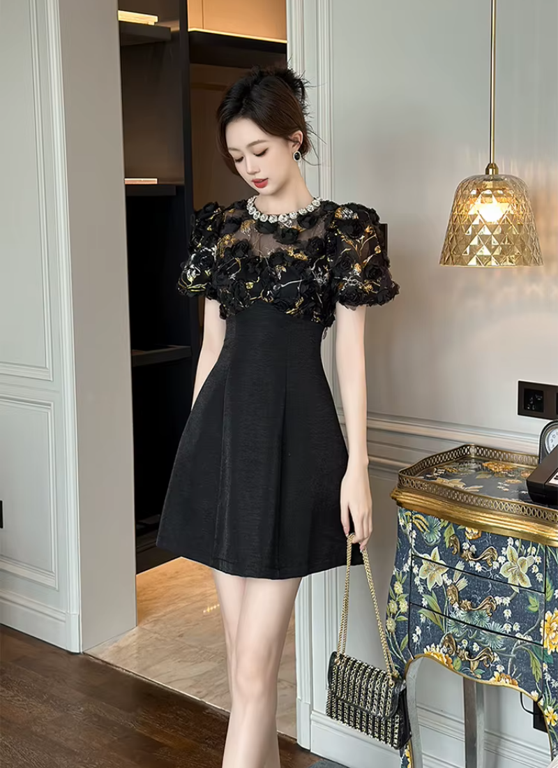 Elegant Luxury Floral Sheer O-Neck A-Line Short Gown Evening Dress