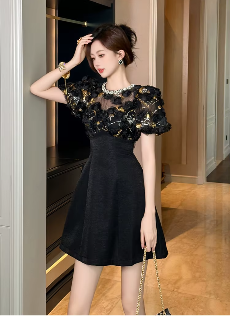 Elegant Luxury Floral Sheer O-Neck A-Line Short Gown Evening Dress