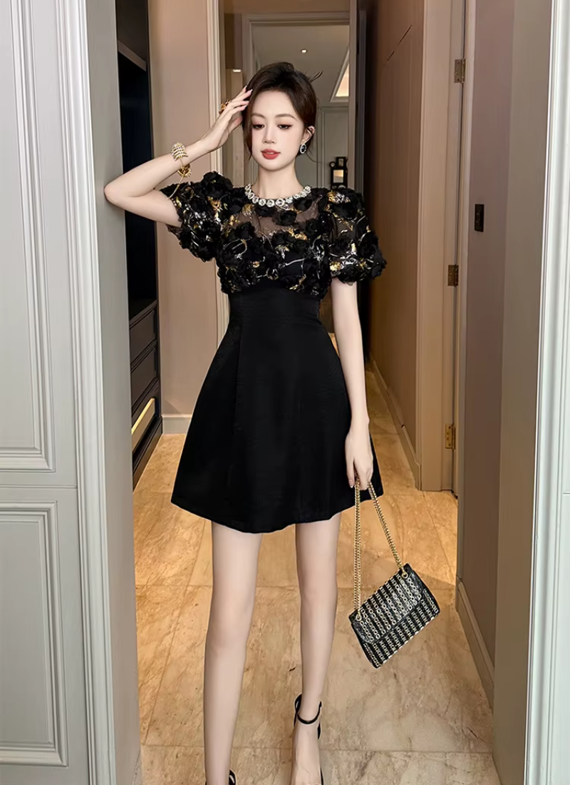 Elegant Luxury Floral Sheer O-Neck A-Line Short Gown Evening Dress