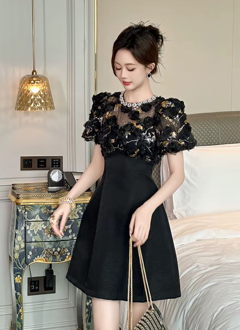 Elegant Luxury Floral Sheer O-Neck A-Line Short Gown Evening Dress