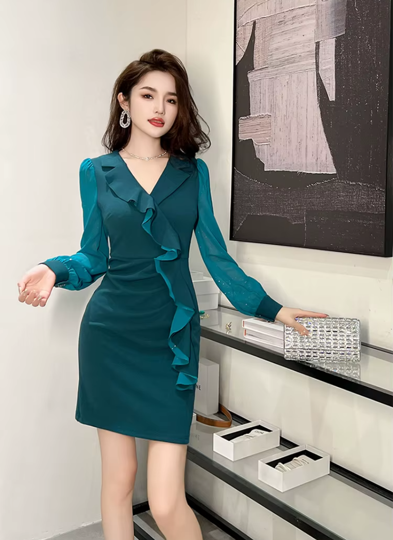 Elegant Style Formal Office Ruffle V-Neck Slim Mini Short Pencil Dresses