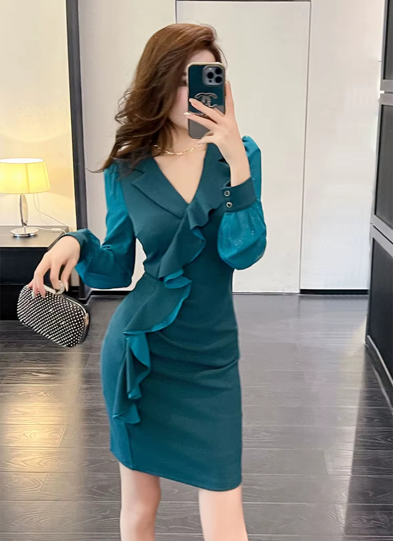 Elegant Style Formal Office Ruffle V-Neck Slim Mini Short Pencil Dresses