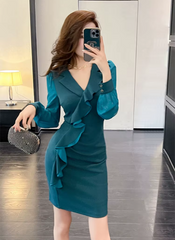Elegant Style Formal Office Ruffle V-Neck Slim Mini Short Pencil Dresses