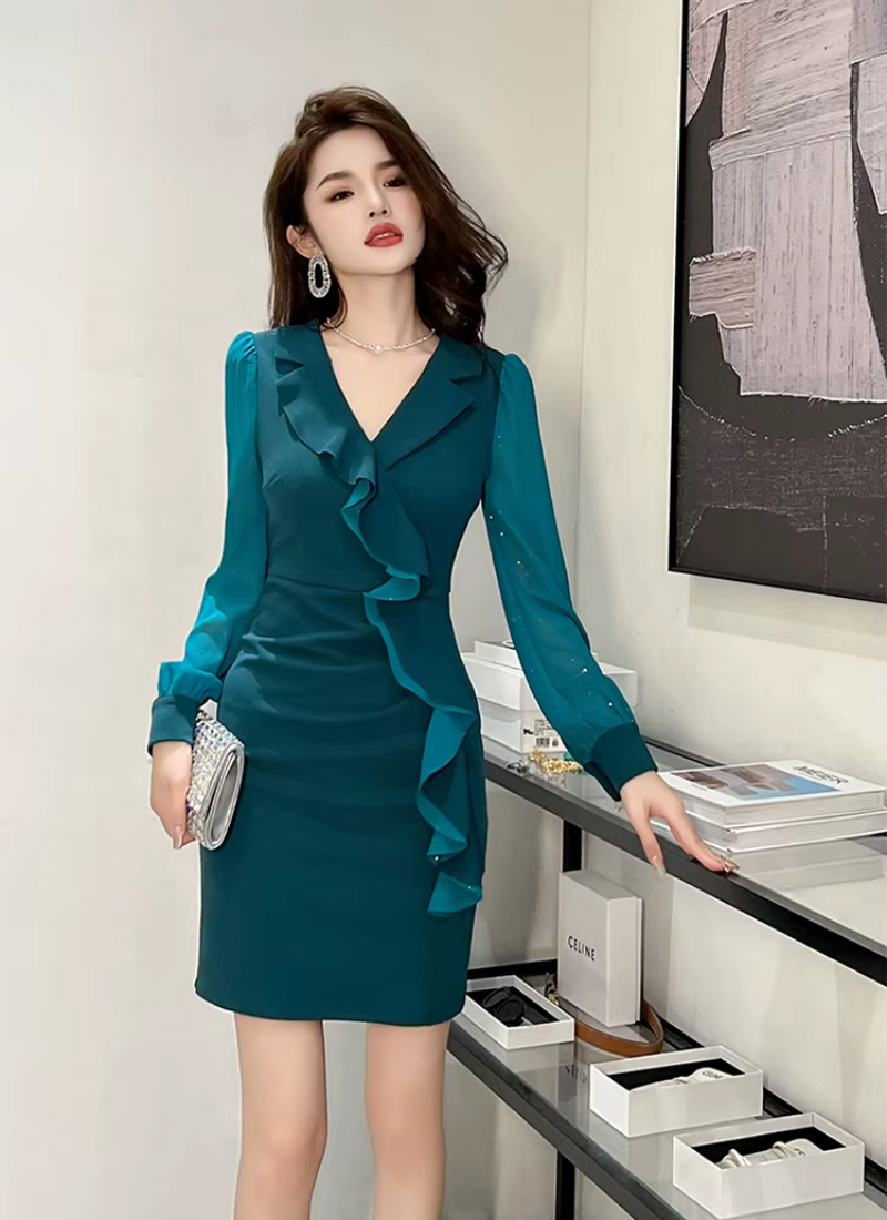Elegant Style Formal Office Ruffle V-Neck Slim Mini Short Pencil Dresses