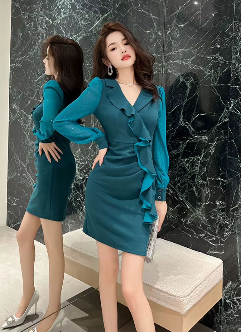 Elegant Style Formal Office Ruffle V-Neck Slim Mini Short Pencil Dresses