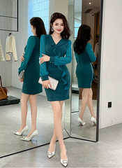 Elegant Style Formal Office Ruffle V-Neck Slim Mini Short Pencil Dresses