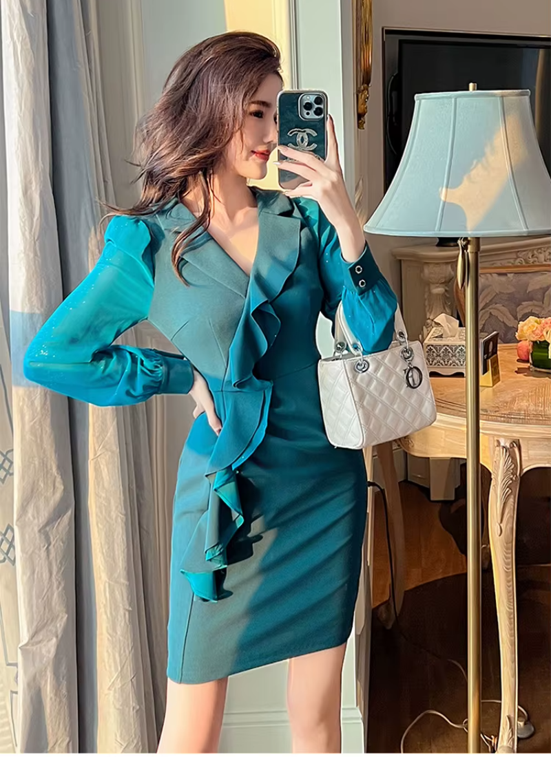 Elegant Style Formal Office Ruffle V-Neck Slim Mini Short Pencil Dresses
