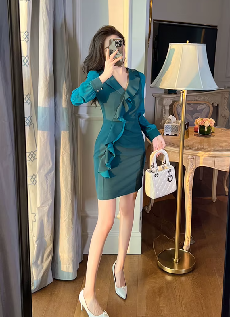 Elegant Style Formal Office Ruffle V-Neck Slim Mini Short Pencil Dresses