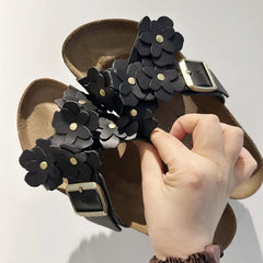 Floral Decoration Platform Slippers Luxury Metal Buckle Design Flat Sandalias Outdoor Sandals Beach Shoes