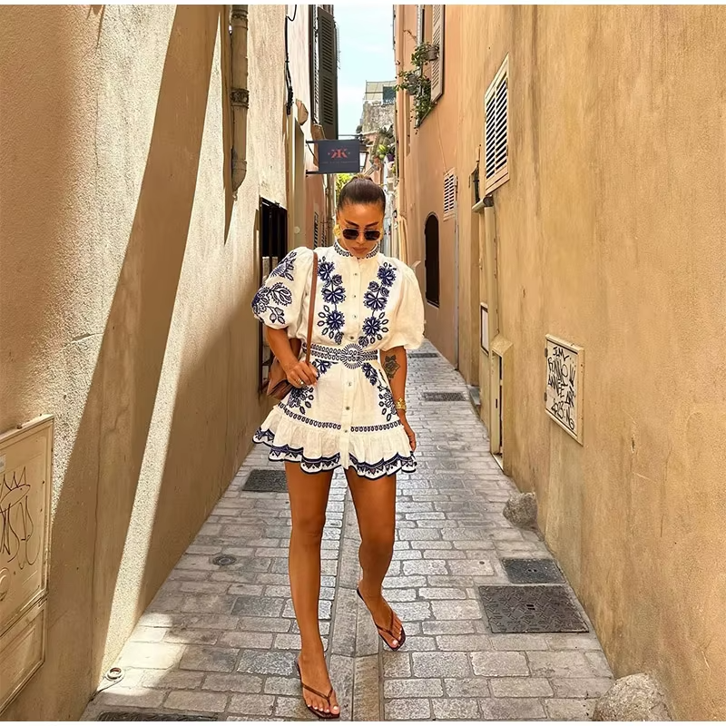 Floral Print Ruffles Mock Neck Puff Half Sleeve Single Breasted  Mini Dress