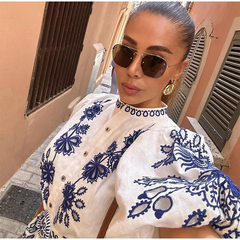 Floral Print Ruffles Mock Neck Puff Half Sleeve Single Breasted  Mini Dress