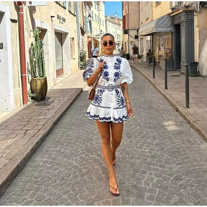 Floral Print Ruffles Mock Neck Puff Half Sleeve Single Breasted  Mini Dress
