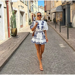 Floral Print Ruffles Mock Neck Puff Half Sleeve Single Breasted  Mini Dress