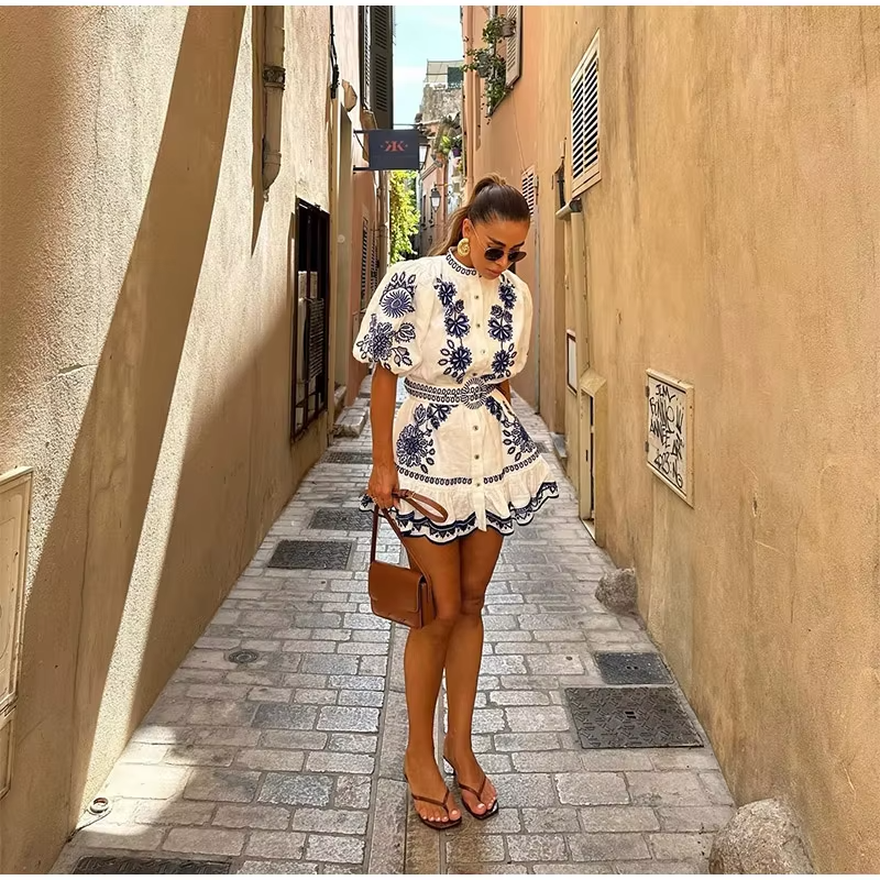 Floral Print Ruffles Mock Neck Puff Half Sleeve Single Breasted  Mini Dress