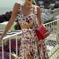 Floral Printed Square Collar Sleeveless Blouse and Long Skirt Loose Outfits Suit