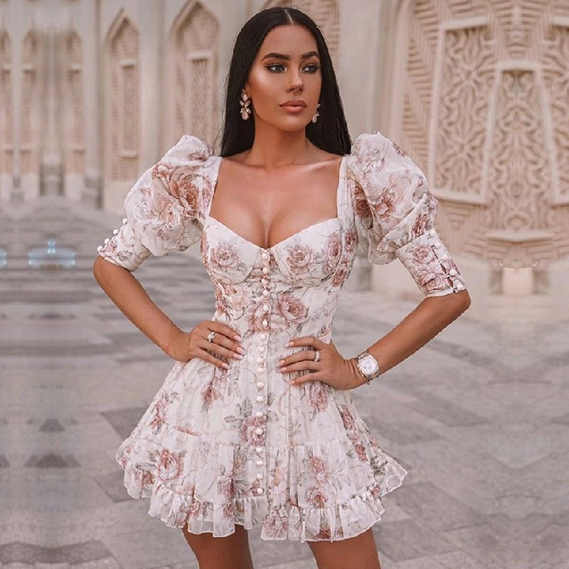 Floral V Neck Button Lantern Sleeve Party Mini Dress