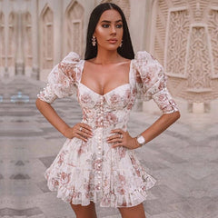 Floral V Neck Button Lantern Sleeve Party Mini Dress