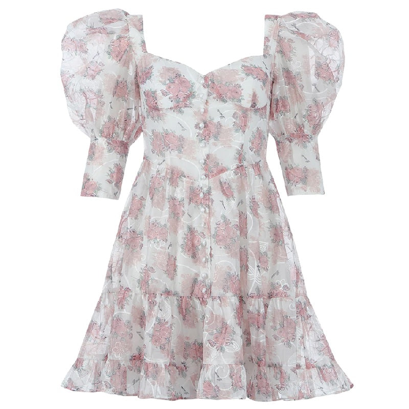 Floral V Neck Button Lantern Sleeve Party Mini Dress