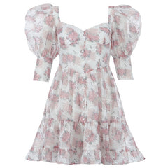 Floral V Neck Button Lantern Sleeve Party Mini Dress