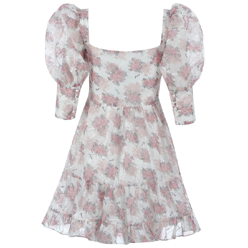 Floral V Neck Button Lantern Sleeve Party Mini Dress