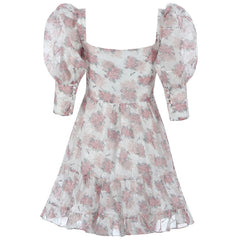 Floral V Neck Button Lantern Sleeve Party Mini Dress