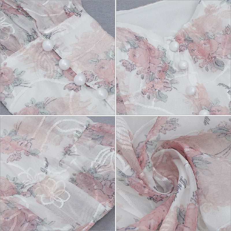 Floral V Neck Button Lantern Sleeve Party Mini Dress