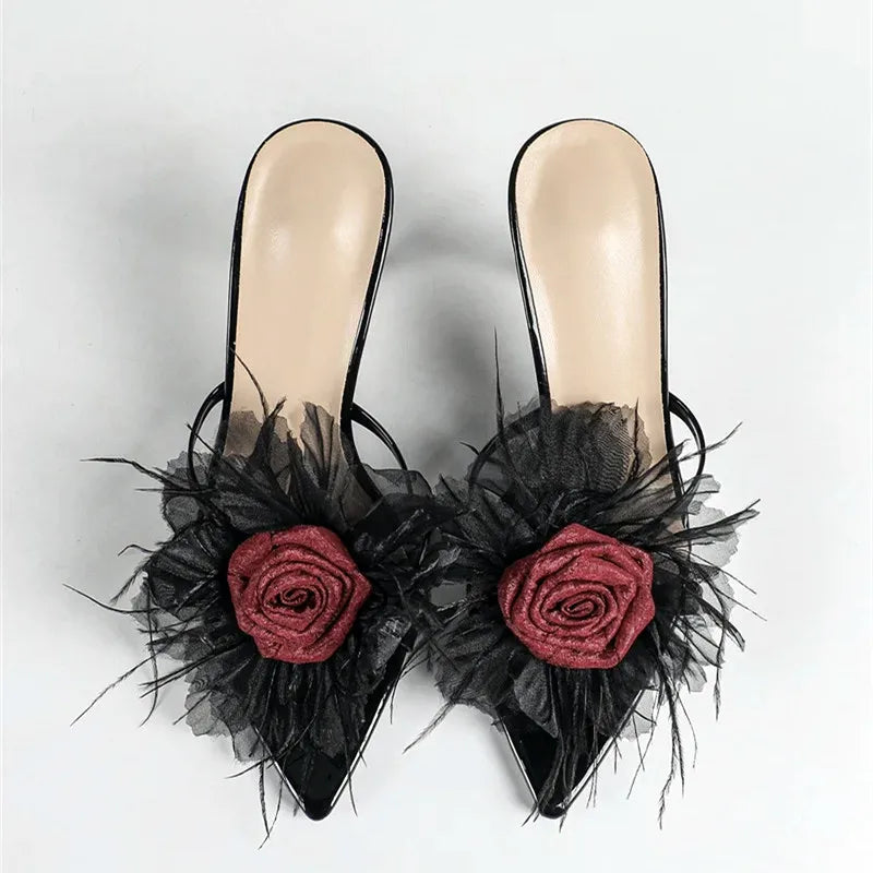 Flower Decoration Slippers Pointed Toe Slide Sandals for Elegant Street Style Thin High Heel