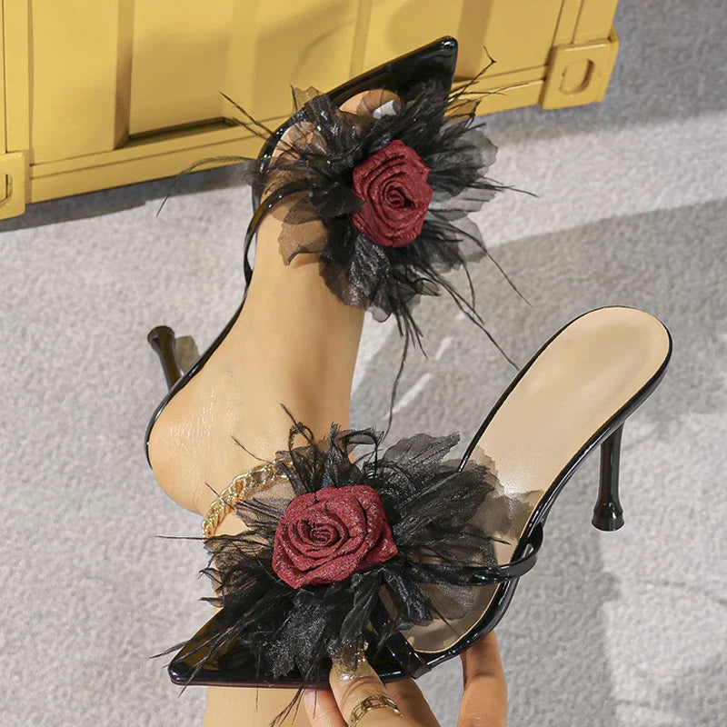 Flower Decoration Slippers Pointed Toe Slide Sandals for Elegant Street Style Thin High Heel