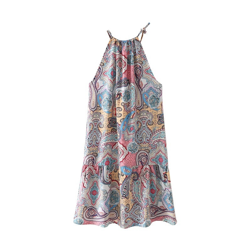 Casual Flowers Print Halter Sleeveless A-LINE Mini Dress