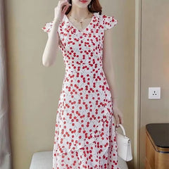 Folds Elegant V-Neck Asymmetrical Casual Ruffles Spliced Printed Midi Dress