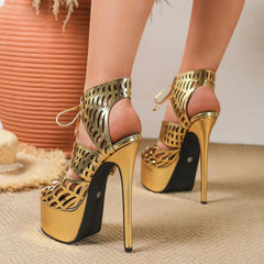 Golden Round Toed Exposed Toes Gladiator Sandals Super High Heel