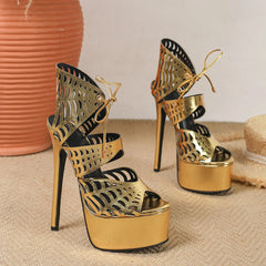 Golden Round Toed Exposed Toes Gladiator Sandals Super High Heel