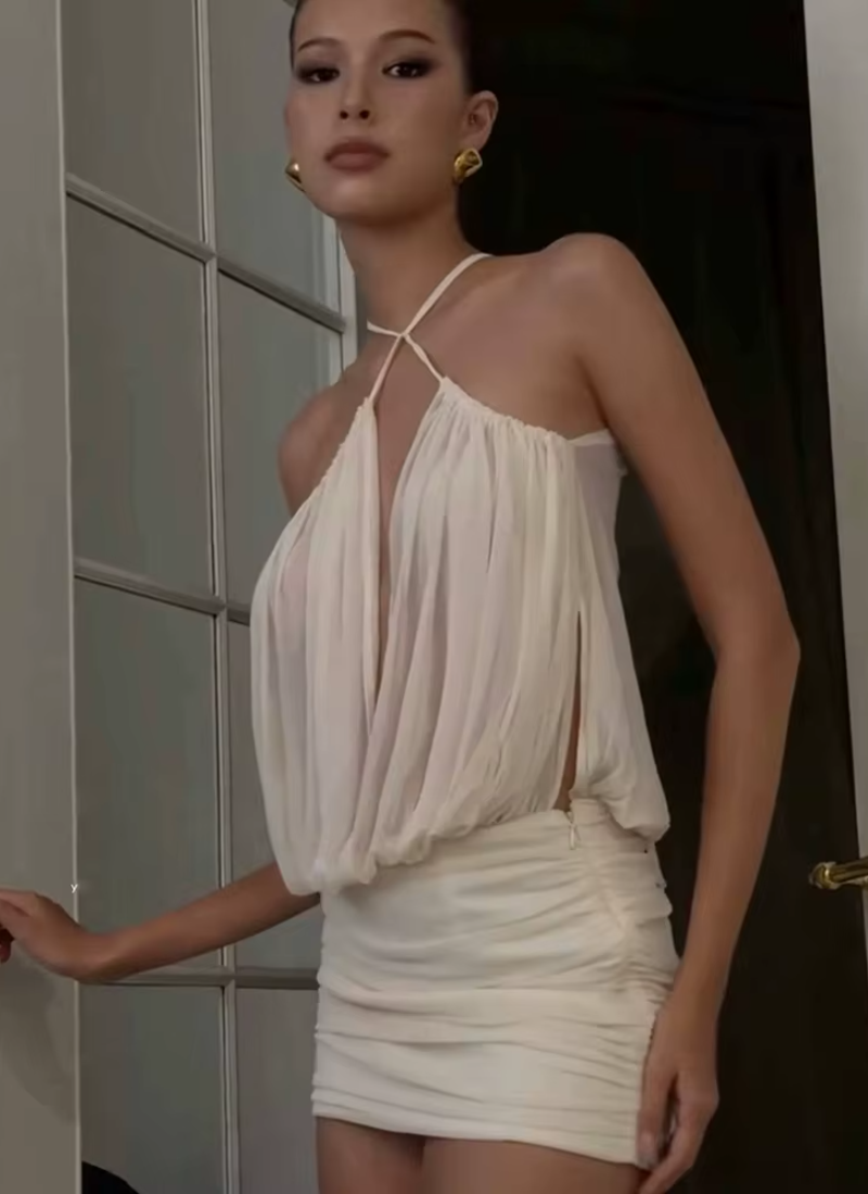 Halter Neck Sleeveless Pleated Folds Hollow Out Mini Slim Dresses