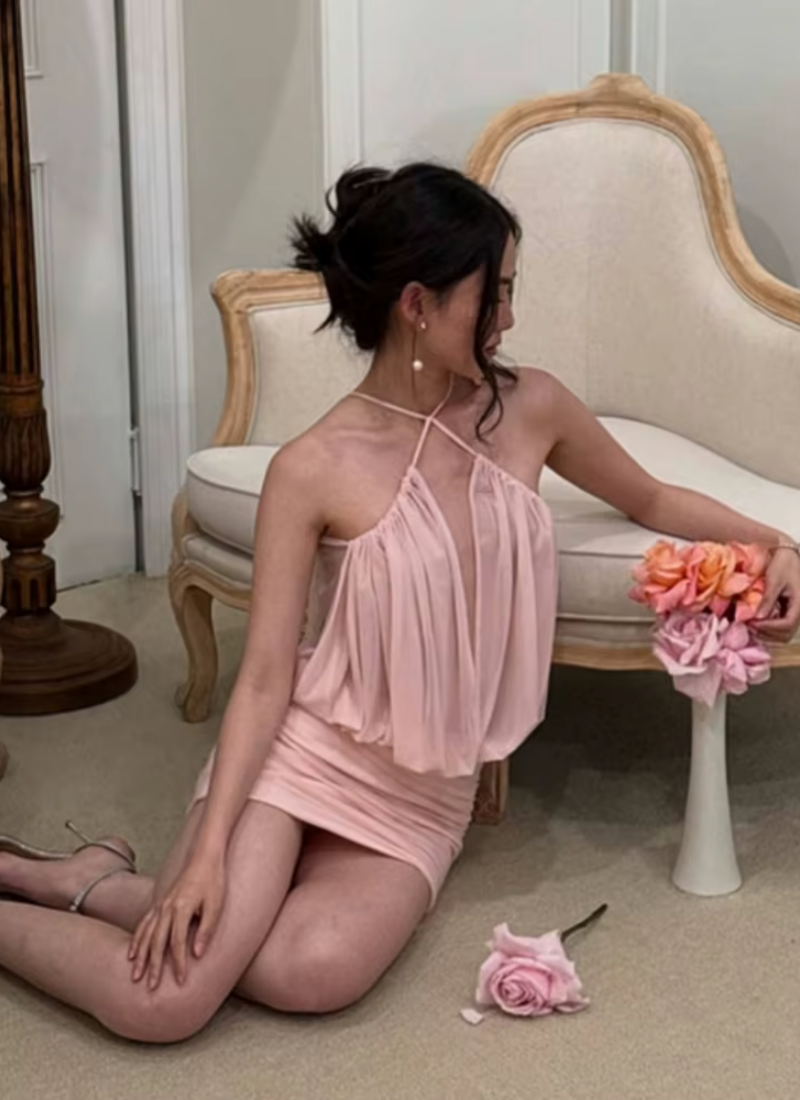 Halter Neck Sleeveless Pleated Folds Hollow Out Mini Slim Dresses