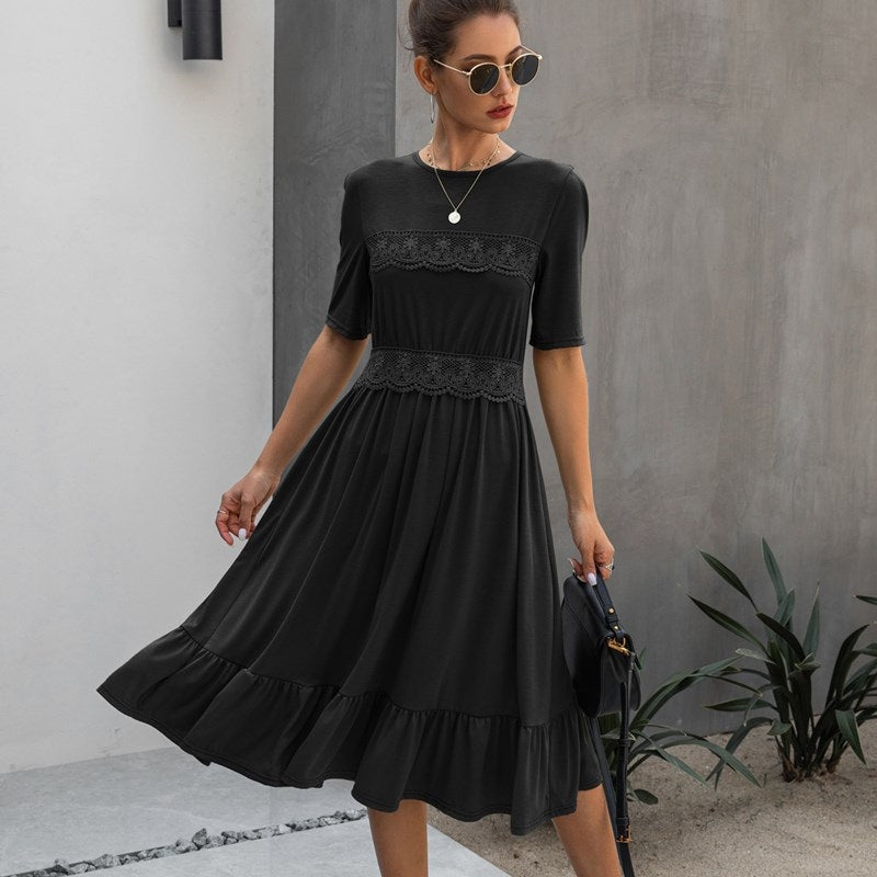 Lace Patchowrk Elegant High Street O-neck Solid Midi Dress