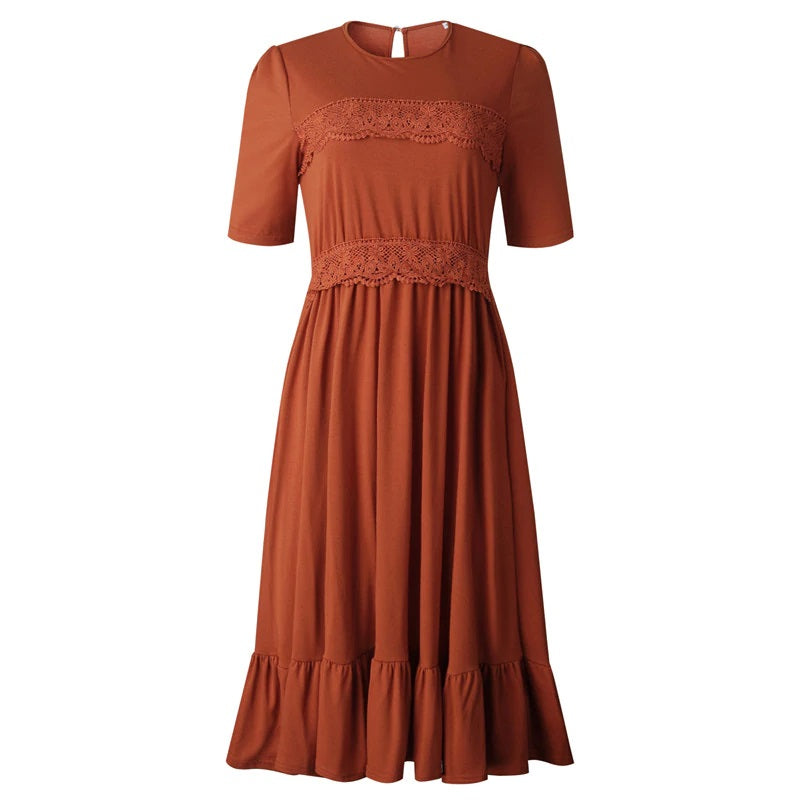Lace Patchowrk Elegant High Street O-neck Solid Midi Dress