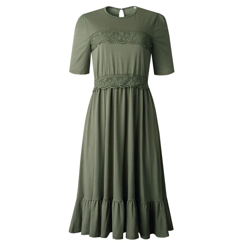 Lace Patchowrk Elegant High Street O-neck Solid Midi Dress