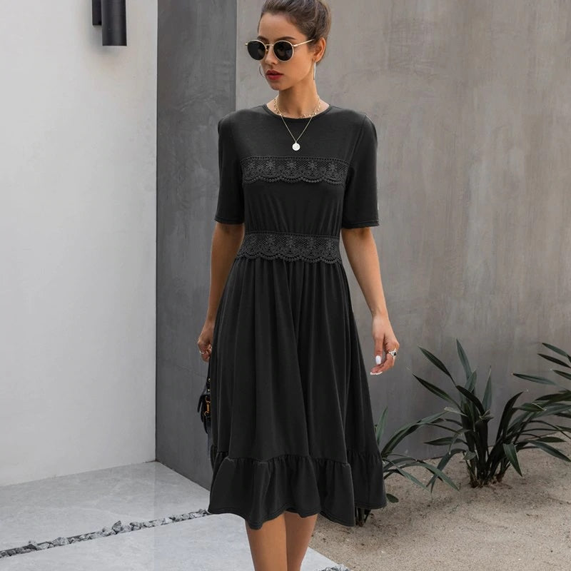 Lace Patchowrk Elegant High Street O-neck Solid Midi Dress