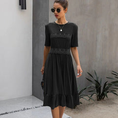 Lace Patchowrk Elegant High Street O-neck Solid Midi Dress