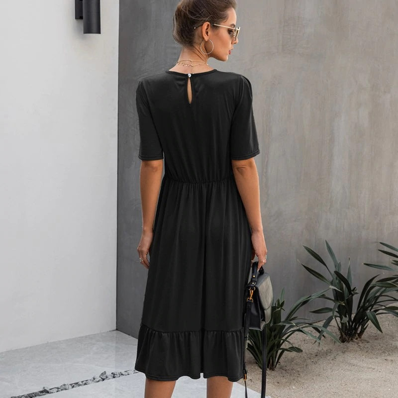 Lace Patchowrk Elegant High Street O-neck Solid Midi Dress