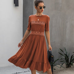 Lace Patchowrk Elegant High Street O-neck Solid Midi Dress