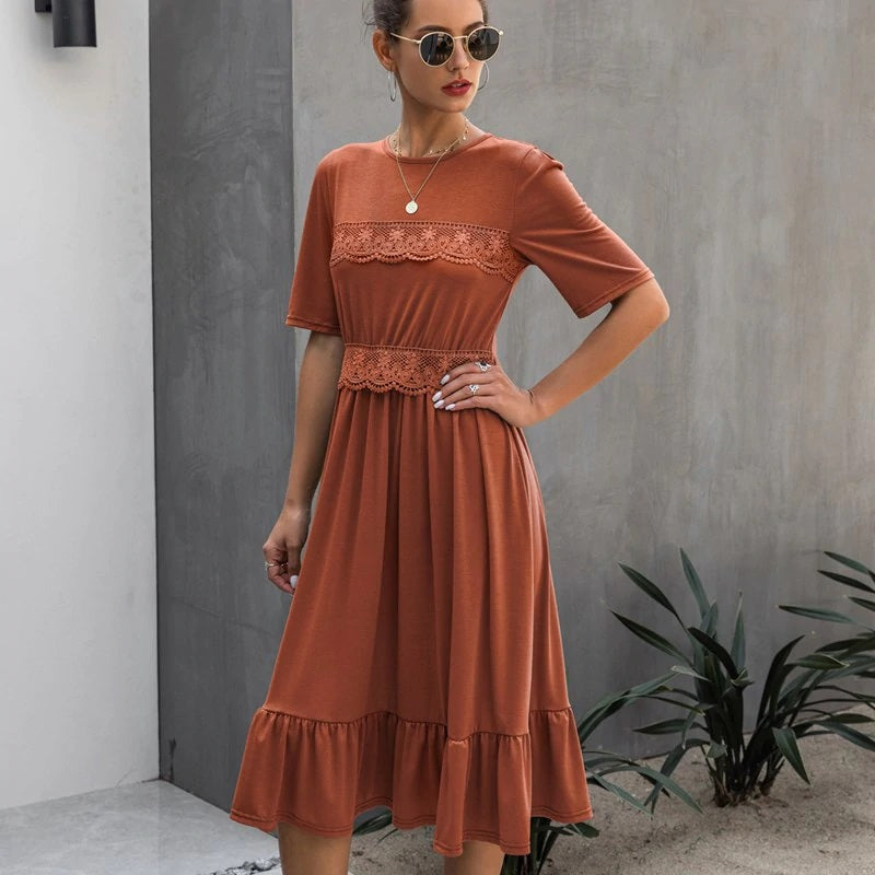 Lace Patchowrk Elegant High Street O-neck Solid Midi Dress