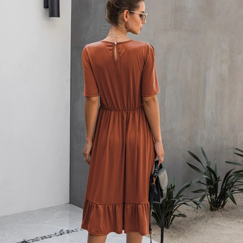 Lace Patchowrk Elegant High Street O-neck Solid Midi Dress