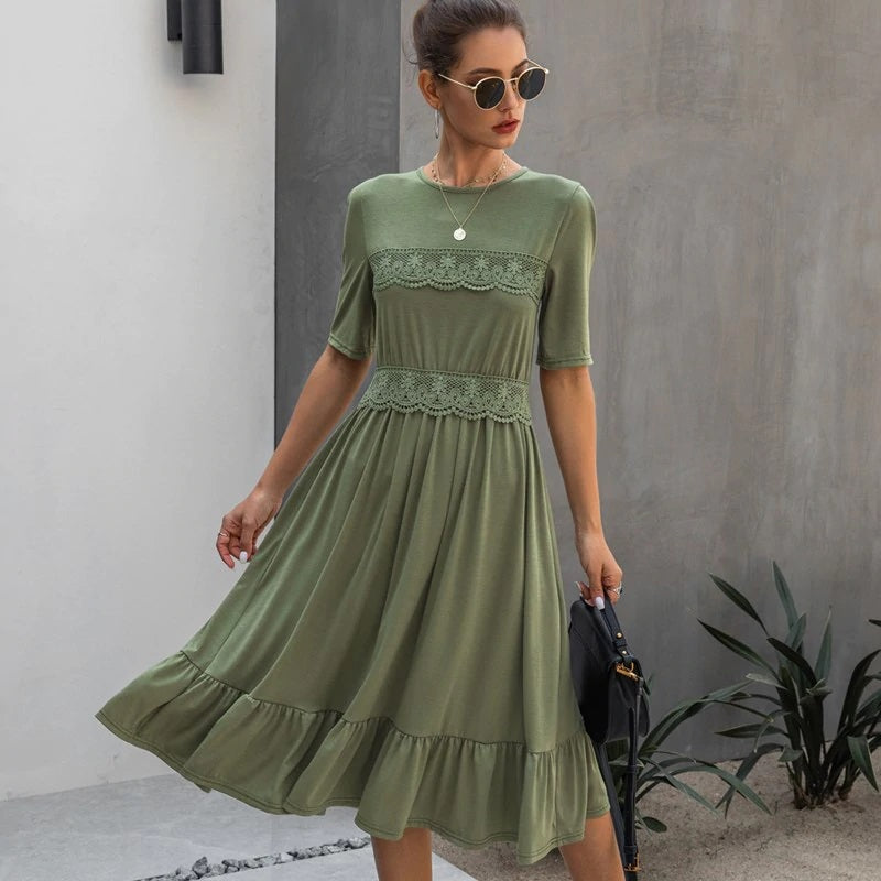 Lace Patchowrk Elegant High Street O-neck Solid Midi Dress