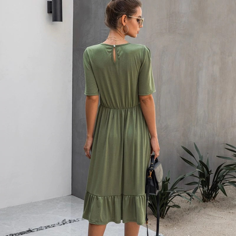 Lace Patchowrk Elegant High Street O-neck Solid Midi Dress