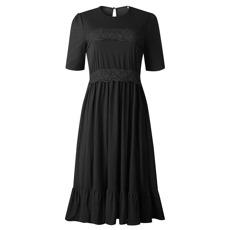 Lace Patchowrk Elegant High Street O-neck Solid Midi Dress