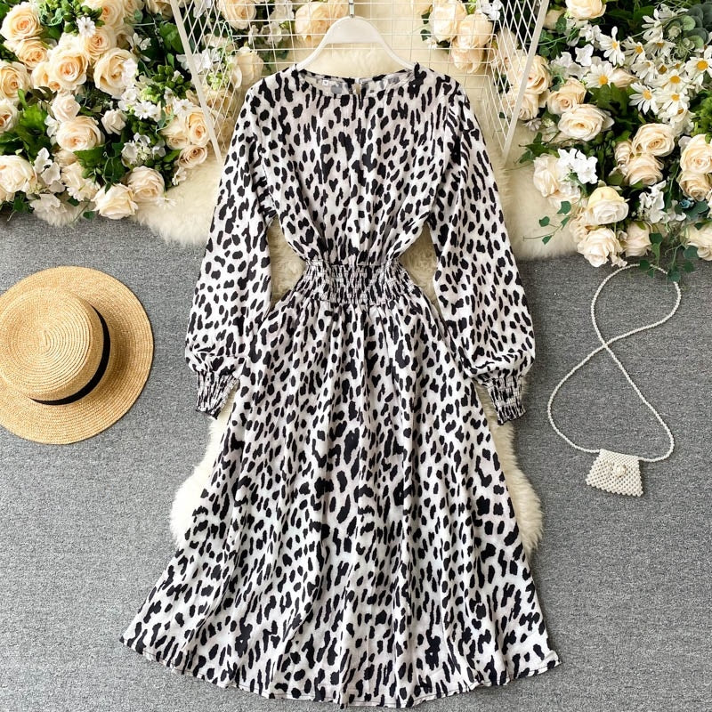 Leopard O Neck Long Sleeve A-line Elastic Ruched Streetwear Dresses